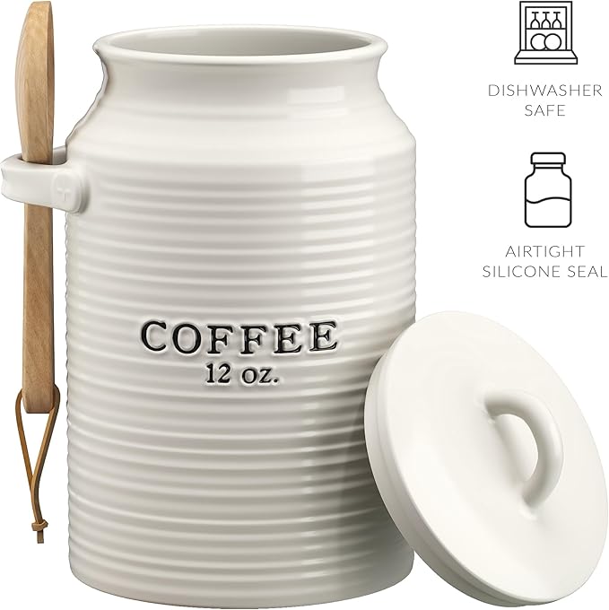 Barnyard Designs Coffee Canister for Kitchen Counter, Decorative Ceramic Coffee Container, Rustic Farmhouse Canister Jar, White (Coffee)