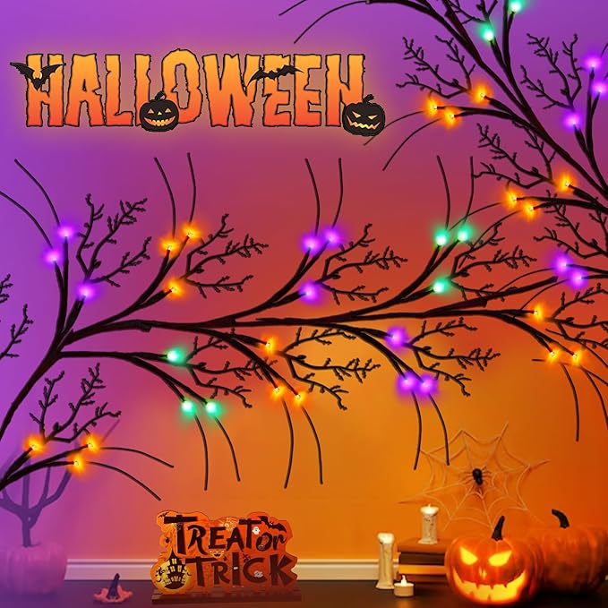 [ Timer & 8 Modes ] 6 Ft 54LED Halloween Willow Vine Twig Decor Branches Garland Decorations Orange ＆ Purple ＆ Green Lights -Battery Operated Garland for Indoor Wall Fireplace Halloween Decorations