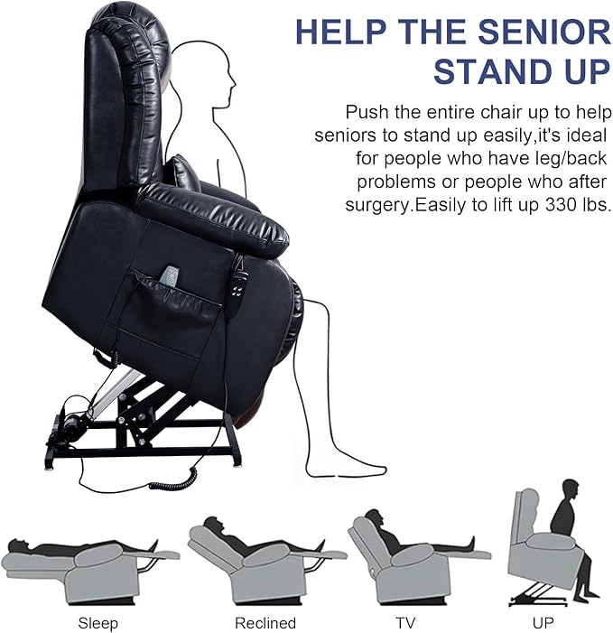 MAEVIS Large Genuine Leather Power Lift Recliner Chair, Dual Motor Recliner for Elderly,Extended Footrest and Lumbar Pillow for Tall Man,with Heat and Massage, USB and Type-C Ports(Deep Blue)