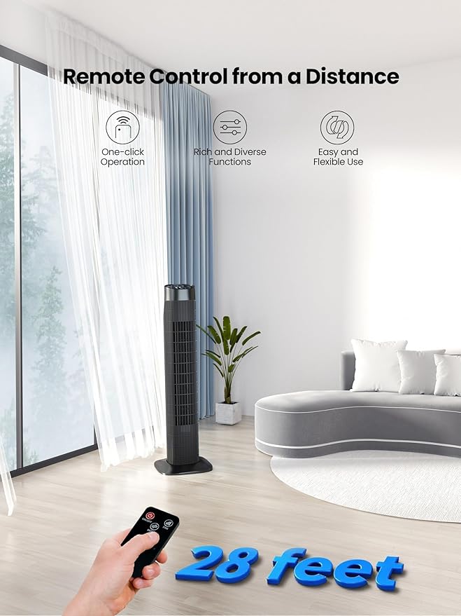 Uthfy 31 Inch Tower Fan for Bedroom, 120° Oscillating Quiet Standing Bladeless Fan With Remote, 7.5H Timer, 3 Speeds, 3 Modes, for Room, Dorm, Office, Black
