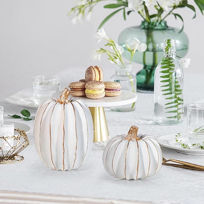 2Pcs Halloween Pumpkin Artificial Resin Pumpkins Decor for Mantel Harvest Autumn Tabletop Decoration Gold Fall Pumpkin Decorations Thanksgiving Table Centerpieces (Set C, ONE Size)