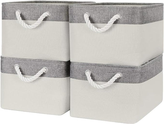 Organization and Storage Bins for Shelves - Large 4 Pack 16x12x8 inch Collapsible Storage Basket for Organizing, Fabric Storage Cubes for Box Closet Cloth Toy Nursery Books Kids (Grey & White)