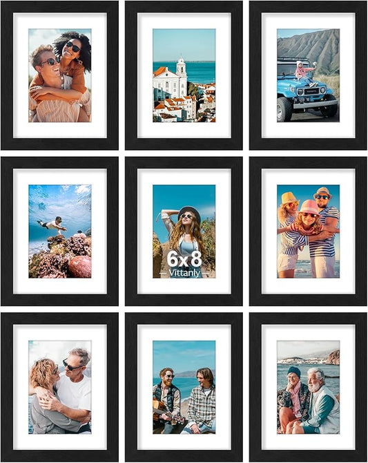Vittanly 6x8 Picture Frames Set of 9, Shatter Resistant Plexiglass, Display 4x6 Pictures with Mat or 6x8 without Mat, Photo Frames for Wall or Tabletop, Engineered Wood, Black