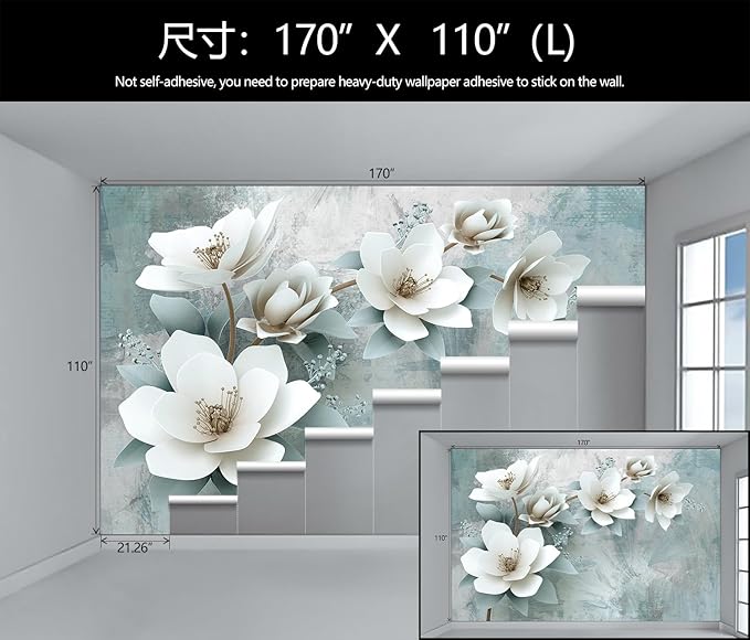 WFBHUA-Green Floral Wallpaper Mural Modern Large 3D Art Flower Wallpaper for Living Room Bedroom Bathroom Wall Mural(Not Peel and Stick)