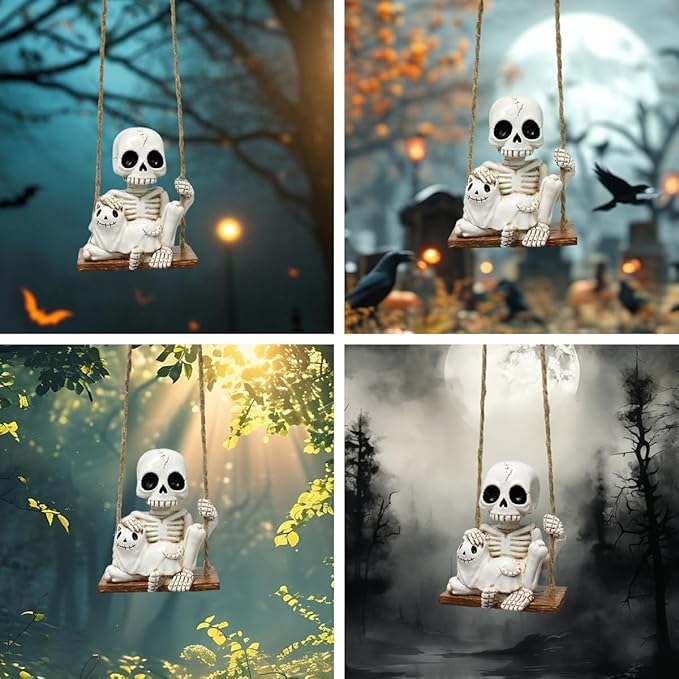 Halloween Resin Skeleton Swing Ornament - Animated Skeleton with Black Cat Figure, Hanging Decor for Tree Wall Garden - Spooky Fun Festival Decor Prop