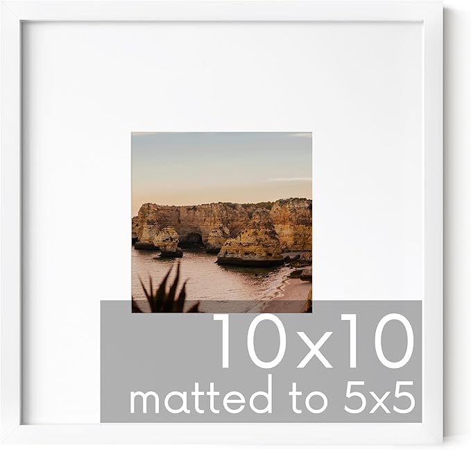 HAUS AND HUES 10x10 White Metal Picture Frame Matted to 5x5 - Features Vertical & Horizontal Hanging, Shatterproof Plexiglass - Ideal for Home, Room, Office (10x10 in, White, Set of 1)