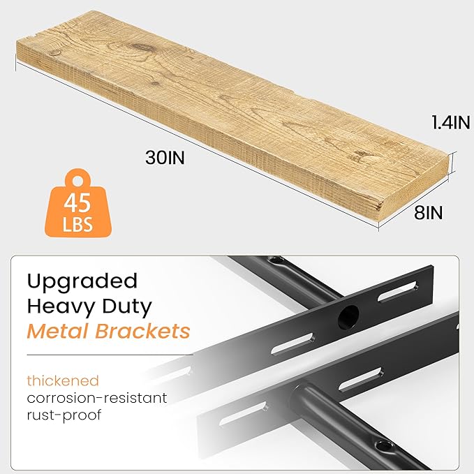 Fun Memories Floating Shelves for Wall Decor, 30"x8" Rustic Reclaimed Wood Shelves, Heavy-Duty Wall Mounted Shelves with Invisible Brackets, Set of 2for Living Room, Bedroom, Kitchen, Natural Finish