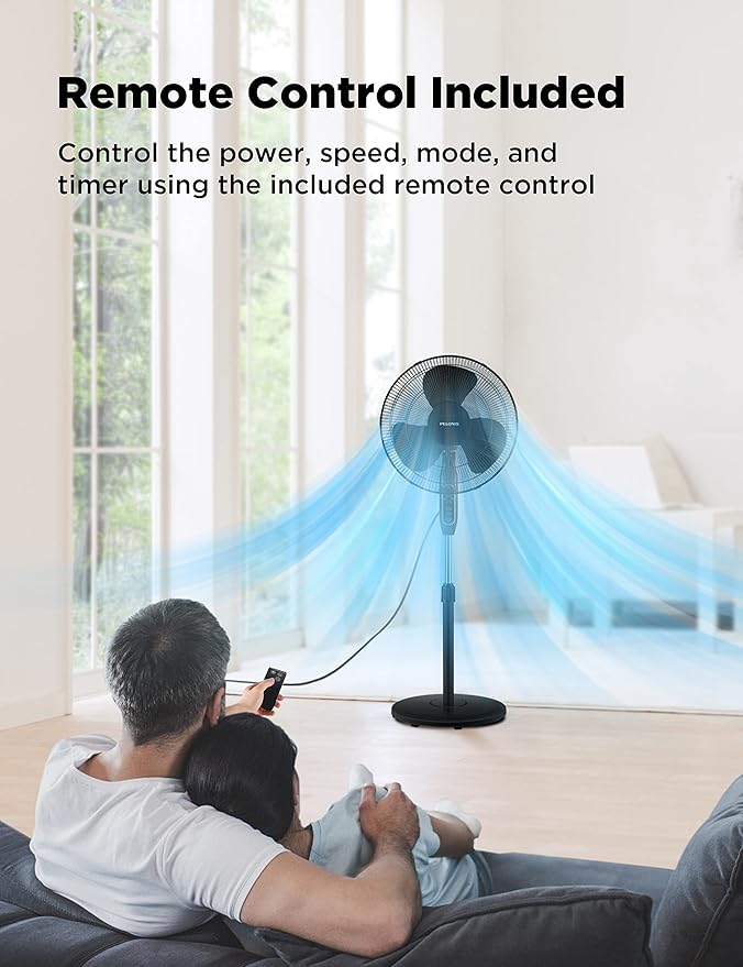PELONIS 16'' Pedestal Fan for Bedoom, Remote, Standing Fan with 7-Hour Timer, 90° Oscillation, 3-Speeds, Adjustable Height, Electric Cooling Fans for Living Room and Office