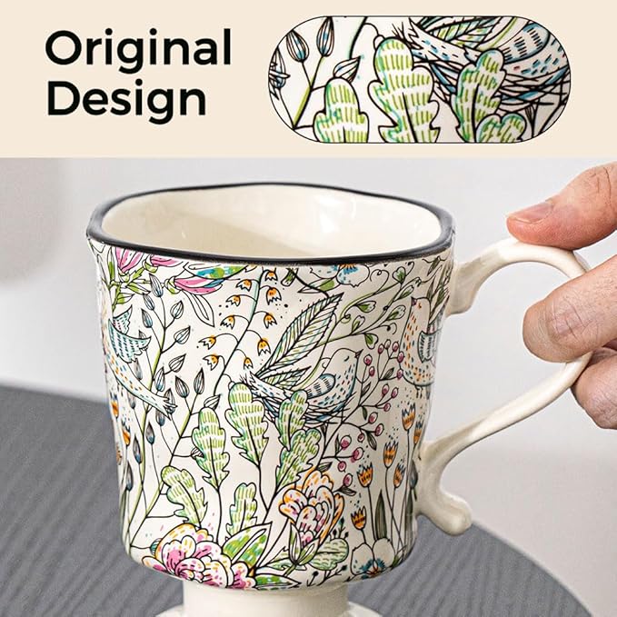 360ml -12.17oz Painted Garden floral Ceramic Mug - Cute Espresso Latte Shot Cup - Gift for Women, Dishwasher Safe