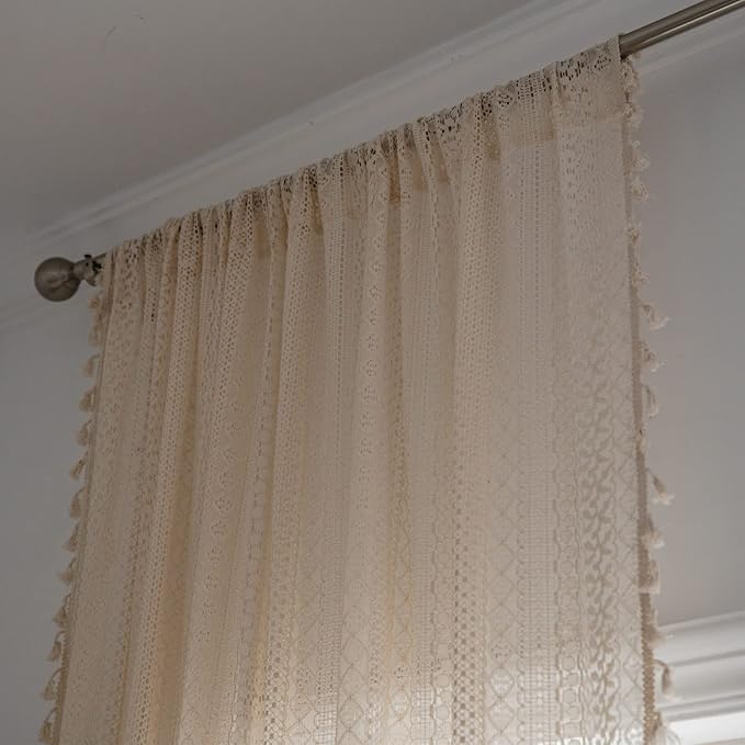 Sutuo Home Boho Curtains Crochet Lace Semi-Sheer Bohemian Hollow Knitted Handmade Tassels, Rod Pocket Window Treatment Vintage Rustic Farmhouse Drapes for Living Bedroom, 1 Panel 59" W x 63" L, Beige