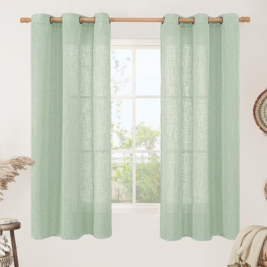LAMIT Fresh Green Linen Sheer Curtains 63 Inch Length for Bedroom, Light Filtering Panels with Bronze Grommet for Living Room Faux Linen Textured Spring Decor Drapes, 2 Panels, 34 X 63 Inch