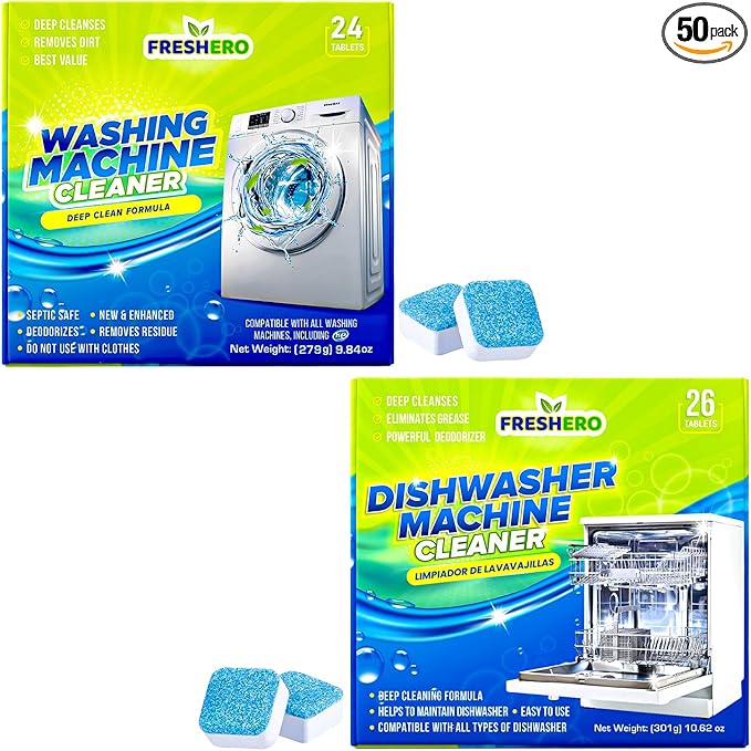 Washing Machine & Dishwasher Cleaner Tablets, 50 Count, Unscented, Compatible with Front/Top Loader & HE Washers, Removes Residue, Stains, Grime & Limescale, 12-Month Supply