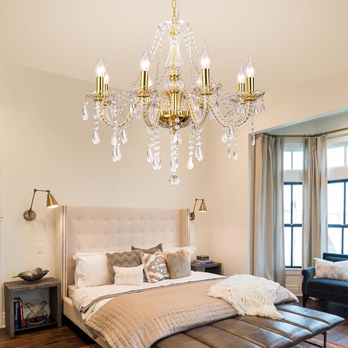 Modern Elegant 8 Lights K9 Crystal Glass Chandelier Golden Pendant Ceiling Lighting European Style for Dining Living Room Bedroom Transparent, 8 E12 Bulbs Required