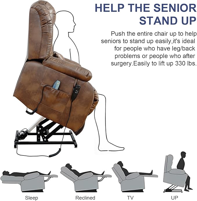 MAEVIS Large Genuine Leather Power Lift Chairs, Dual Motor Recliner for Elderly,Extended Footrest and Lumbar Pillow for Tall Man,with Heat and Massage, USB and Type-C Ports(Ochre)