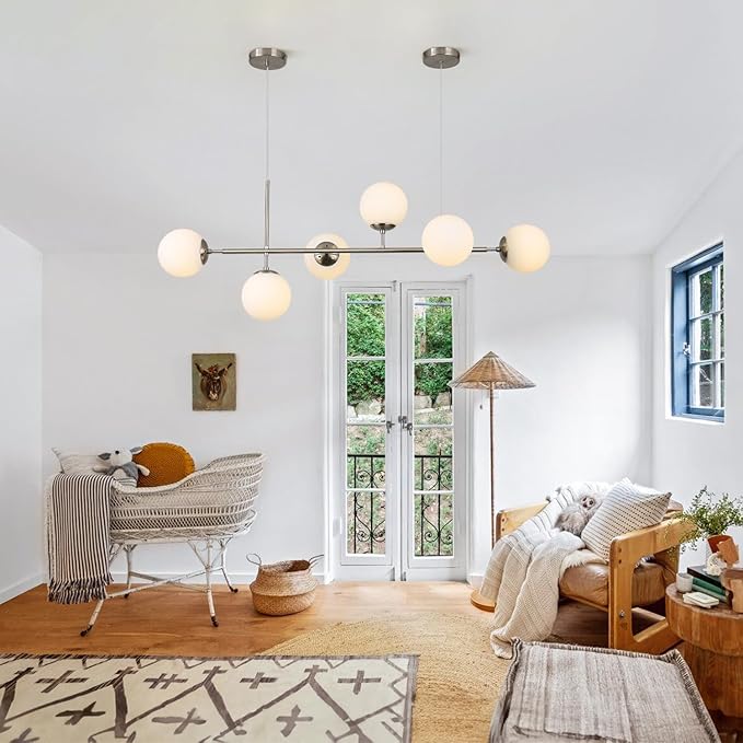 KCO Modern Silver Milk Glass Pendant Light 6 Light Pendant Light Fixture Chandelier Brushed Nickel Chandelier Modern Hanging Linear Light Fixture for Dining Room Kitchen Island