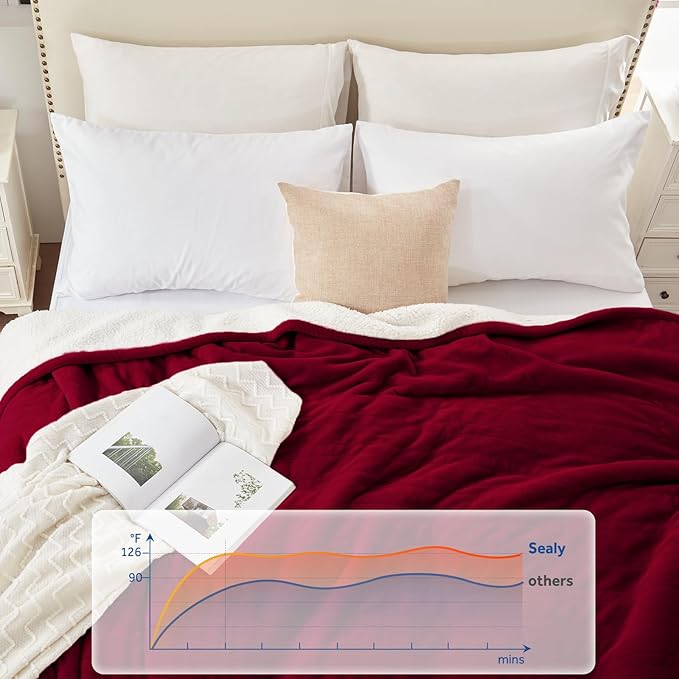 Sealy Electric Blanket Throw Size 50"*60",Super Cozy Flannel to Sherpa Reversible Heated Blanket Throw with 6 Heating Levels & 2-10 Hours Auto Off Overheating Protection Machine Washable,Red