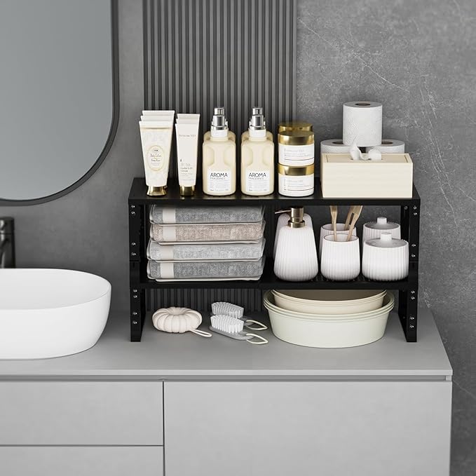 Expandable Spice Rack,Stackable Storage for Cabinet, Multi-Functional Kitchen Shelving,Height-Adjustable,Sustainable Organizer Solution(1Pack/Black/Large)