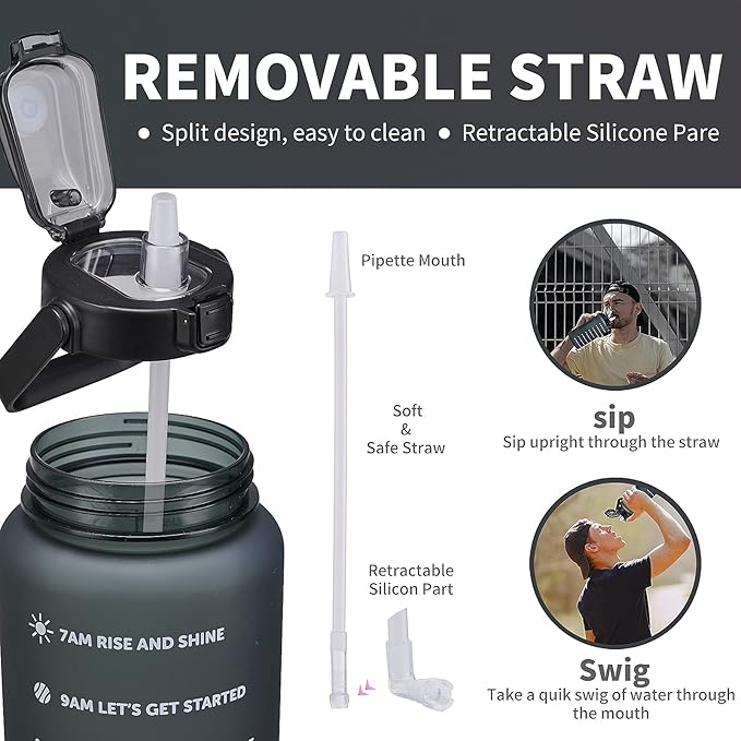 64oz,100oz,128oz Large Motivational Water Bottle with Time Marker, Leakproof & BPA Free Half Gallon Big Water Bottle with Straw Handle Tritan Frosted Water Jug for Gym,Fitness,Outdoor Sports