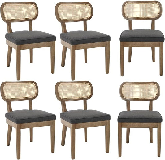 Rattan Dining Chairs Set of 6 Upholstered Linen Kitchen & Dining Room Chair with Curved Backrest Farmhouse Kitchen Chair Solid Wood Armless Side Chair for Dining Room/Restaurant, Black
