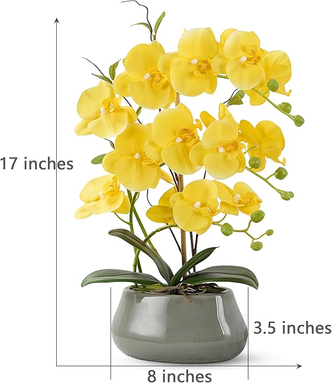 Orchid Artificial Flowers with Gray Vase Large Silk Faux Phalaenopsis Flowers for Dining Room Table Floral Centerpieces Indoor Decoration,Yellow