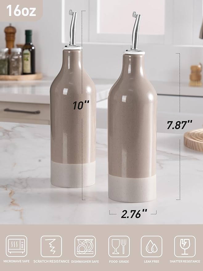 famiware Milkyway 16oz Ceramic Olive Oil Dispenser Bottle, Olive Oil and Vinegar Dispenser Bottle Set of 2 with Stainless Steel Pourers, Suitable for Storage Vinegar, Liquids, Cinnamon Brown