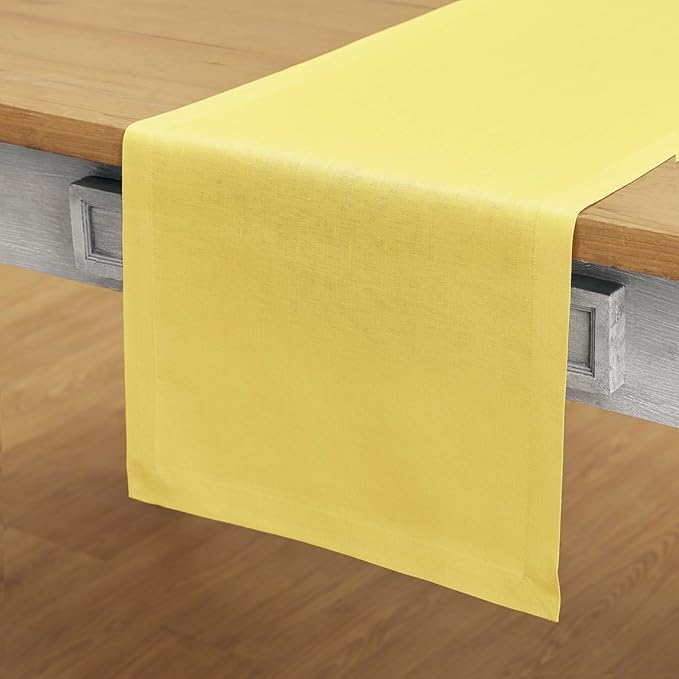 Solino Home Linen Table Runner 108 Inches Long - 100% Pure Linen Sunshine Yellow Dining Table Runner 14 x 108 Inch - Fete