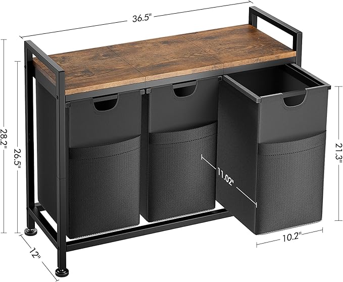 Lulive Laundry Hamper, Laundry Basket Organizer with 3 Pull-Out Removable Bags & Large Top Shelf, 3 × 12.5 Gal (142L) Freestanding Laundry Sorter 3 Sections for Laundry Room, Bathroom and Dorm