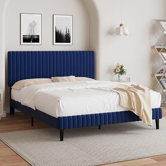 Queen Size Bed Frame with Headboard, Velvet Upholstered Platform Bed with Vertical Channel Tufted Design, No Box Spring Required, Easy Assembly, Blue
