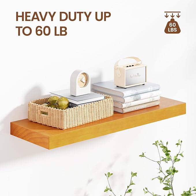 Honey Oak Brown Floating Wall Shelves 24 Inches Long x 8”x 1.4” Wooden Shelf Floating Rustic Farmhouse Decor, Heavy Duty Shelf Hold 60 lbs, Wall Shelves for Bathroom Living Room Kitchen Bedroom Office