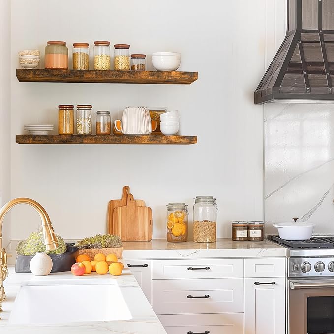 BAYKA Floating Shelves, 36" Wall Mounted Rustic Wood Shelves for Bathroom, Bedroom, Living Room, Kitchen, Office, Hanging Shelf for Books/Storage/Decor(Rustic Brown,Set of 2)