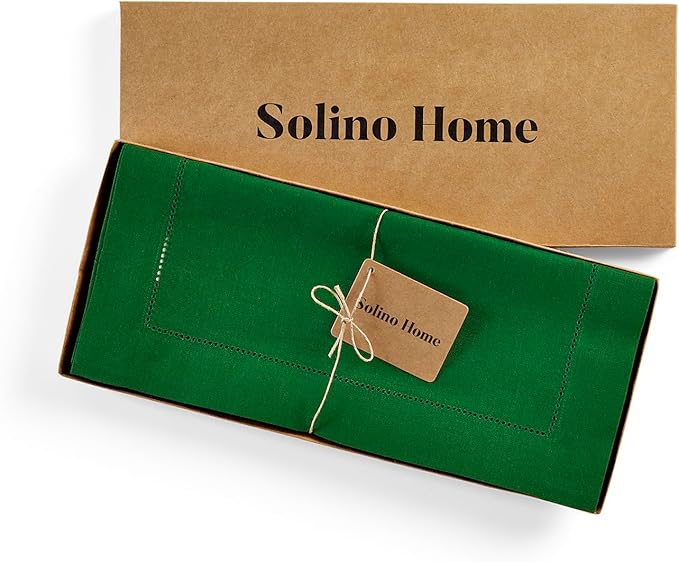 Solino Home Linen Table Runner 48 Inches - 100% Pure Linen Garden Green Hemstitch Table Runner 14 x 48 Inch Ideal for Dresser and Coffee Tables - Classic Hemstitch