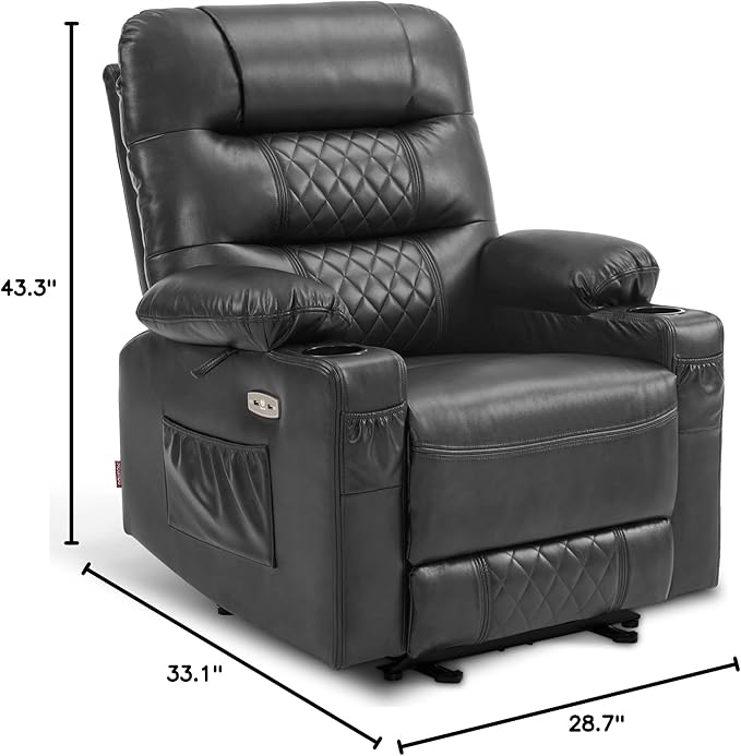 MCombo Zero Gravity Power Recliner Chair with Heat and Vibration Massage, Reclining Chair with USB Ports, Cup Holders for Living Room, Faux Leather PR621 (Grey)