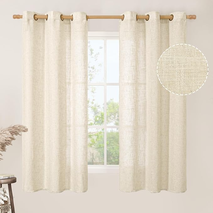 LAMIT Linen Curtains 63 inches Long for Bedroom, Bronze Grommet Linen Drapes Light Filtering Sheer Window Curtains for Living Room, Set of 2 Panels (38 x 63 Inch, Beige)