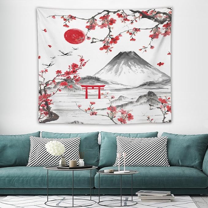 Red Cherry Blossoms Tapestry, Japanese Fuji Mountain Tapestry, Asian Japanese Wall Tapestry, Nature Landscape Tapestries for Bedroom Living Room Decor 60"x50"