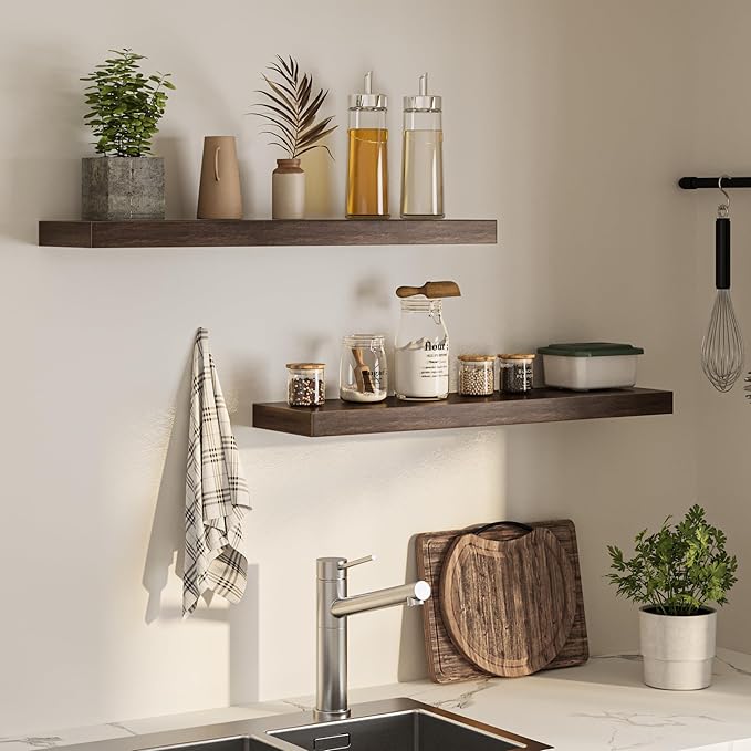 Floating Shelves for Wall, 36" W x 8" D x 1.5" H, Wooden Wall Mounted Display Shelves with Invisible Brackets for Living Room, Bedroom, Bathroom, Kitchen Decor and Storage, Set of 2, Walnut