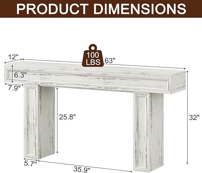 Rresyet 63 Inch Long Console Table, Sofa Table Behind Sofa, Wooden Entryway Table, Farmhouse Entryway Table for Entry, Hallway, Living Room (White)