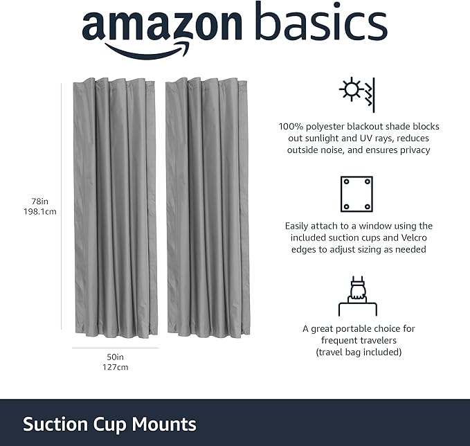 Amazon Basics Portable Blackout Curtain Shade with Suction Cups, 50"W x 78"L, 2-Pack, Dark Grey
