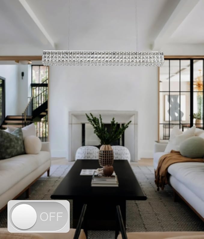 Modern Crystal Chandelier Silver Rectangular Crystal Chandelier Contemporary Linear Pendant Ceiling Light Fixture for Living Dining Room Kitchen Island (L 40")