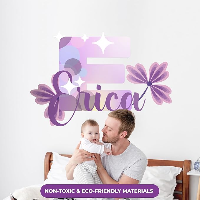 CRYPTONITE Custom Stickers Name Wall Decor with Purple Flower | Custom Name & Initial for Purple Wall Decor | Flower Wall Decals for Bedroom Decor I Custom Decal for Baby Girl Nursery Decor(E. Floral)