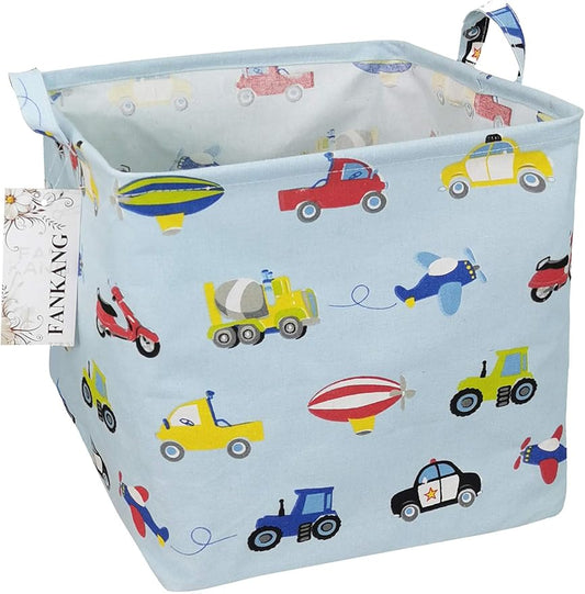FANKANG Square Nursery Hamper Storage Bins Canvas Laundry Basket Foldable with Waterproof PE Coating Storage Baskets Gift Baskets for Children, Office, Bedroom, Clothes（Square-Car ）