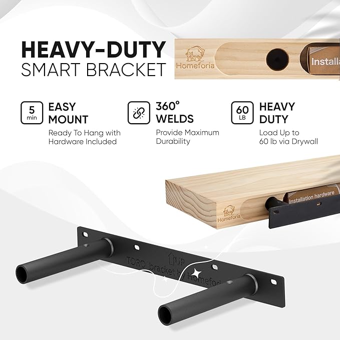 Homeforia Black Floating Shelf 18 inch, High End Solid Real Wood 18inch Bathroom Floating Shelves for Wall Mounted, Black Wooden 18in Floating Shelves, Heavy Duty Bracket, 18 X 6.5 X 1.75 in, Set of 2