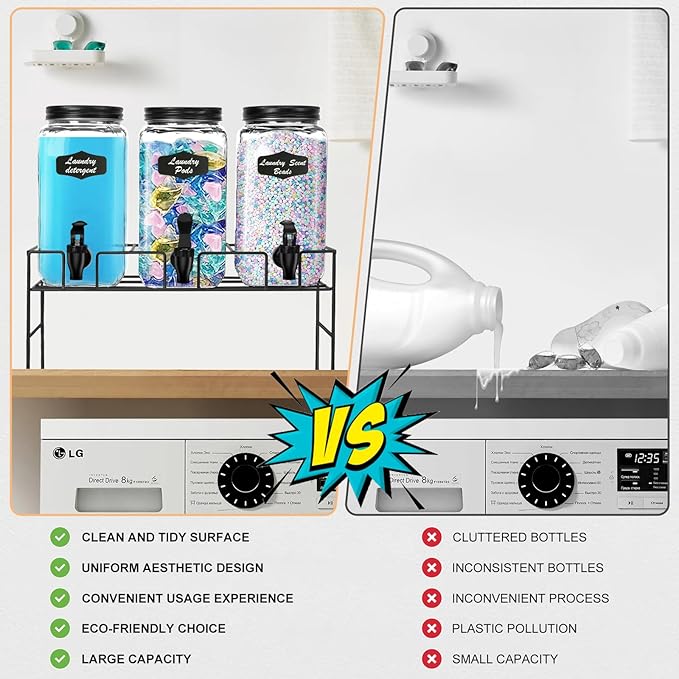 3-Pack 2.2L Glass Laundry Detergent Dispenser Set with Stand - Premium Liquid Soap Dispenser with PP Spigots, Measuring Cups, and Chalkboard Labels for Laundry Room Organization and Storage