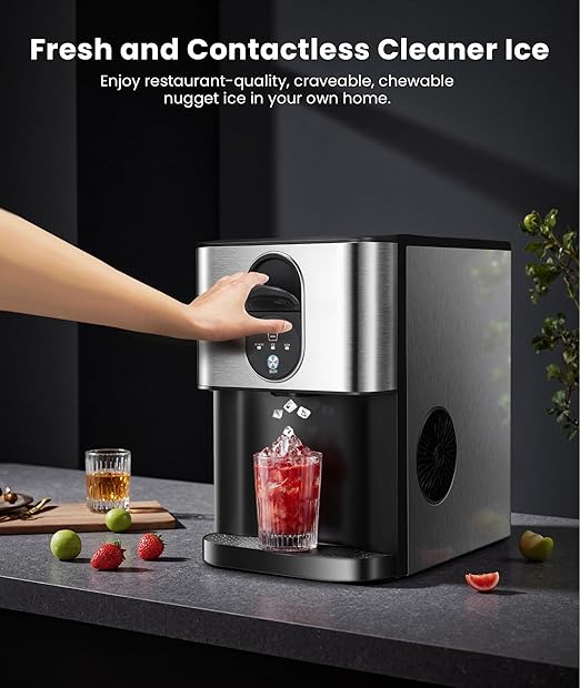 Nugget Ice Makers Countertop, Pellet Ice Maker Machine Dispenser with Water Reservoir with 44lbs/24H, Self-Cleaning, Soft Chewable Ice Maker Machine for Home/Kitchen/Office, Silver Stainless
