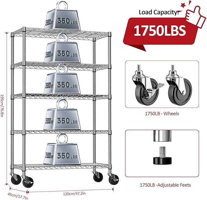 IZEUK 5-Tier Storage Shelving Unit with Wheels, Adjustable Heavy Duty Steel Wire Rack Organizer (Chrome, 17.7" D x 47.2" W x 76.7" H, 1750 lbs Capacity) for Garage, Kitchen, Pantry, Laundry, Basement