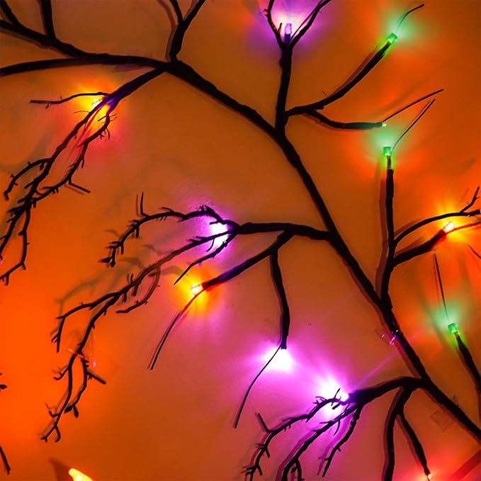 [ Timer & 8 Modes ] 6 Ft 54LED Halloween Willow Vine Twig Decor Branches Garland Decorations Orange ＆ Purple ＆ Green Lights -Battery Operated Garland for Indoor Wall Fireplace Halloween Decorations