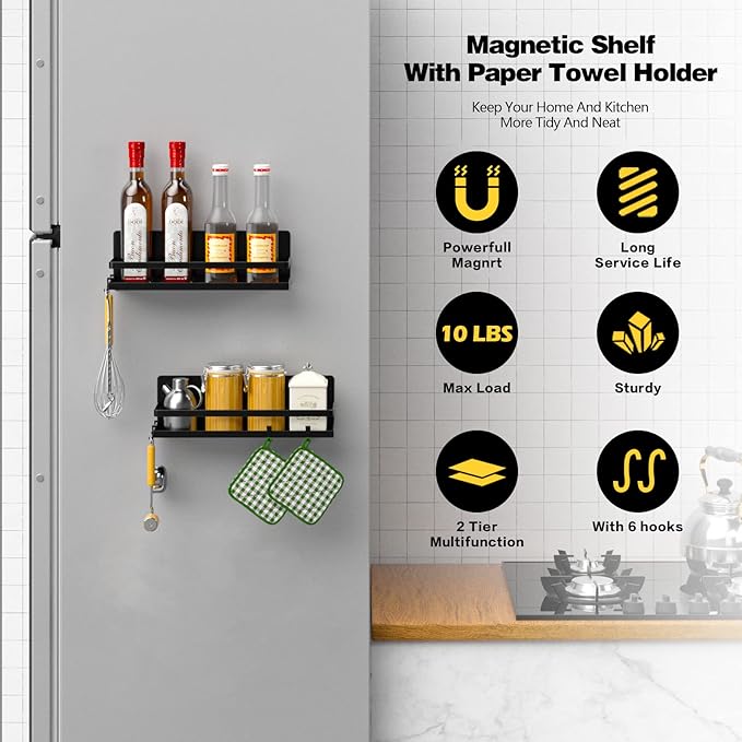 Magnetic Spice Rack Refrigerator Magnetic Shelf Fridge Organizer Space Saver Container for Kitchen/Apartment, Drill free, Black 4 Packs