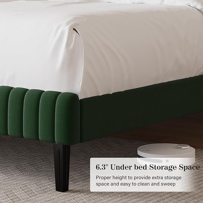 Full Size Bed Frame, Velvet Upholstered Platform Bed with Vertical Channel Tufted Headboard and Footboard, No Box Spring Required, Easy Assembly, Green