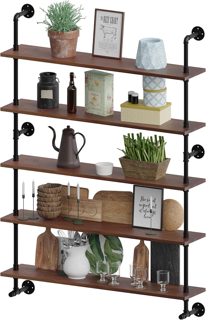 Industrial Pipe Wall Shelves Pipe Shelving with Real Wood Plank ,48 Inches Floating Shelves for Wall Farmhouse Pipe Book Shelves Dark Brown 5 Tier for Kitchen,Living Room Decor and Bar Shelving