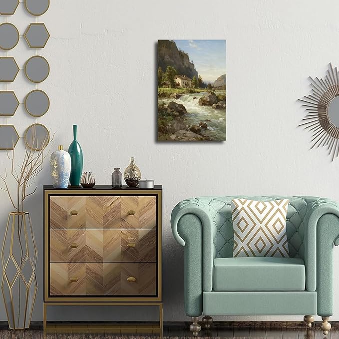 Vintage landscape rural scenery poster art farmhouse cottage wall decor living room kitchen quiet country stream suitable for bedroom bathroom