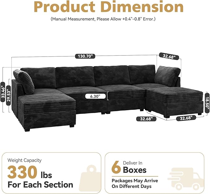 Modular Sectional Sofa, 130.7 Inch U Shaped Couch Set for Living Room, 4-Seater Comfy Cloud Couches with Two Movable Ottoman, Plush Corduroy, Black
